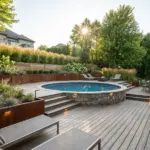 Above ground pool ideas for sloped yards with semi-inground design, wraparound deck, retaining wall, and terraced backyard landscaping