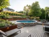 Above ground pool ideas for sloped yards with semi-inground design, wraparound deck, retaining wall, and terraced backyard landscaping