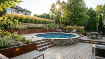 Above ground pool ideas for sloped yards with semi-inground design, wraparound deck, retaining wall, and terraced backyard landscaping
