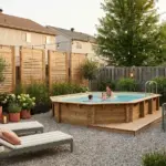 Cheap and chic above ground pool ideas for small suburban backyards with deck, gravel base, privacy screen, and stylish lounge area