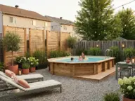 Cheap and chic above ground pool ideas for small suburban backyards with deck, gravel base, privacy screen, and stylish lounge area