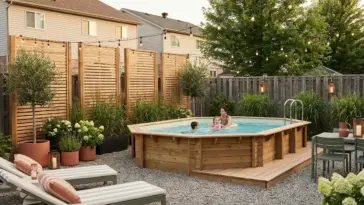 Cheap and chic above ground pool ideas for small suburban backyards with deck, gravel base, privacy screen, and stylish lounge area
