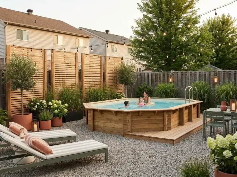 Cheap and chic above ground pool ideas for small suburban backyards with deck, gravel base, privacy screen, and stylish lounge area