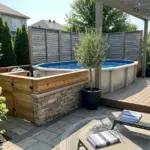 Above ground pool ideas with hidden pump and filter equipment using deck skirting, privacy screens, planters, and landscaping