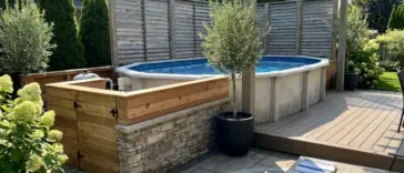 Above ground pool ideas with hidden pump and filter equipment using deck skirting, privacy screens, planters, and landscaping
