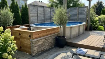 Above ground pool ideas with hidden pump and filter equipment using deck skirting, privacy screens, planters, and landscaping