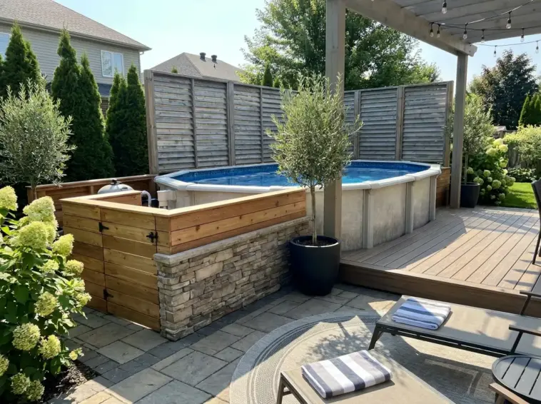 Above ground pool ideas with hidden pump and filter equipment using deck skirting, privacy screens, planters, and landscaping