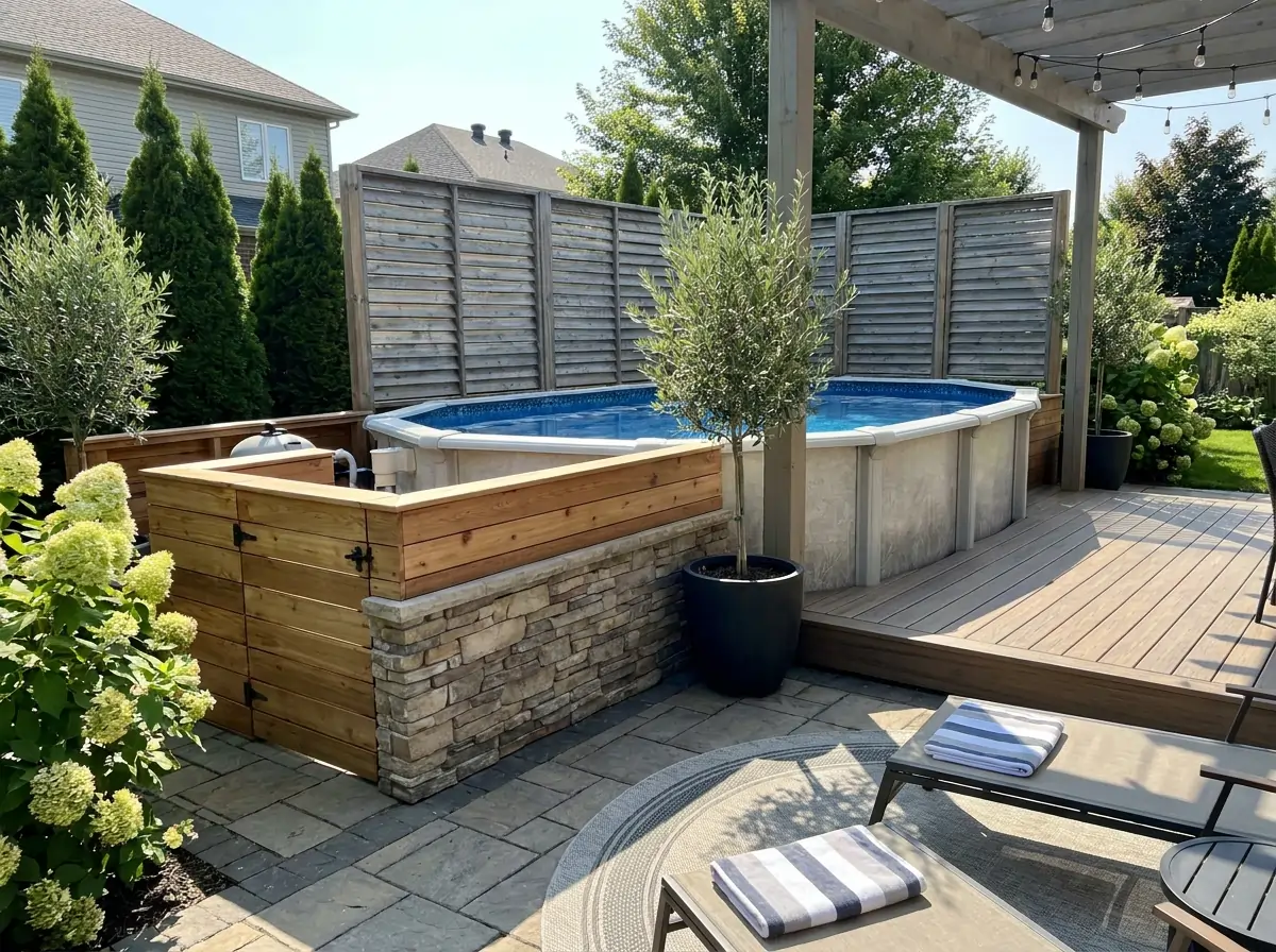 Above ground pool ideas with hidden pump and filter equipment using deck skirting, privacy screens, planters, and landscaping