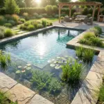 Crystal clear natural pool with essential aquatic plants for clear water, algae control, and natural pool filtration