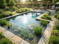 Crystal clear natural pool with essential aquatic plants for clear water, algae control, and natural pool filtration