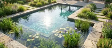 Crystal clear natural pool with essential aquatic plants for clear water, algae control, and natural pool filtration