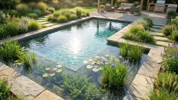 Crystal clear natural pool with essential aquatic plants for clear water, algae control, and natural pool filtration