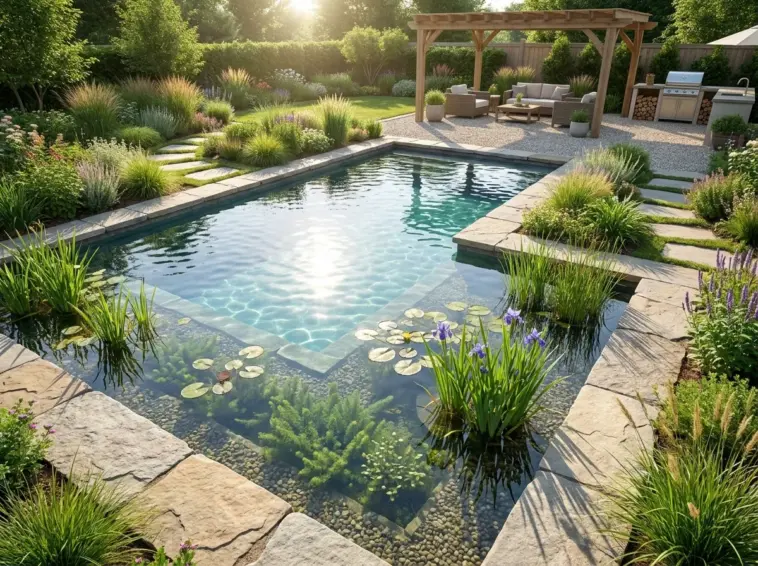 Crystal clear natural pool with essential aquatic plants for clear water, algae control, and natural pool filtration