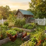 A productive backyard mini farm with chickens foraging between raised vegetable garden beds and a rustic coop at sunset.
