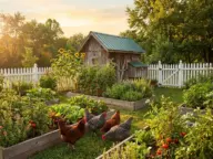 A productive backyard mini farm with chickens foraging between raised vegetable garden beds and a rustic coop at sunset.