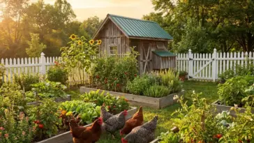 A productive backyard mini farm with chickens foraging between raised vegetable garden beds and a rustic coop at sunset.