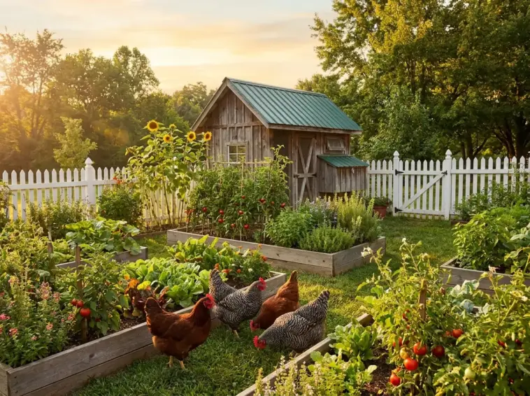 A productive backyard mini farm with chickens foraging between raised vegetable garden beds and a rustic coop at sunset.