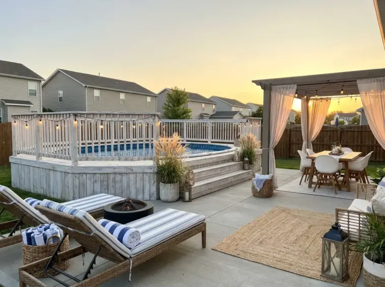 Coastal-inspired above ground pool with white wash wood deck, blue and white decor, and modern backyard pool landscaping