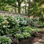 Lush garden border with blooming blue, pink, and white hydrangeas alongside hostas and ferns, providing inspiration on how to grow full hydrangea hedges in deep shade.