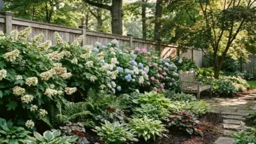 Lush garden border with blooming blue, pink, and white hydrangeas alongside hostas and ferns, providing inspiration on how to grow full hydrangea hedges in deep shade.