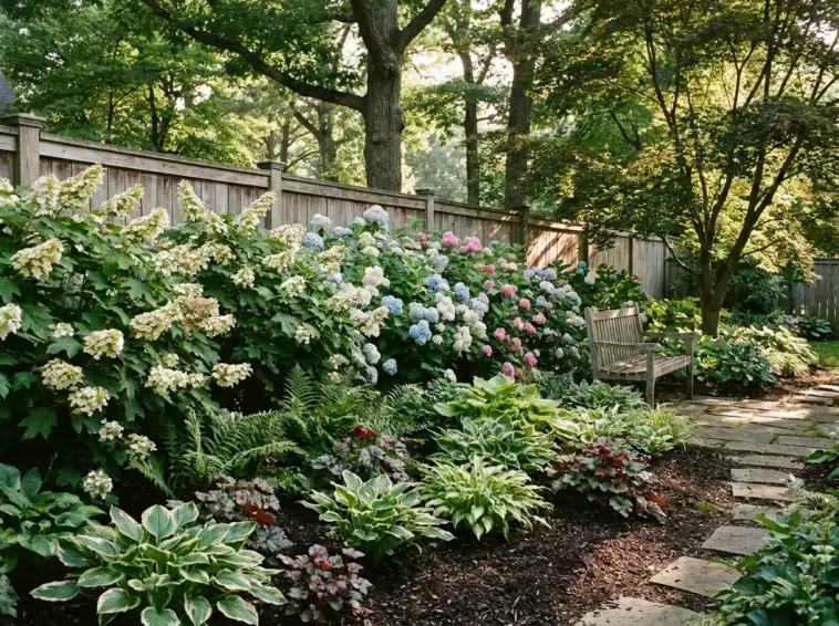 Lush garden border with blooming blue, pink, and white hydrangeas alongside hostas and ferns, providing inspiration on how to grow full hydrangea hedges in deep shade.