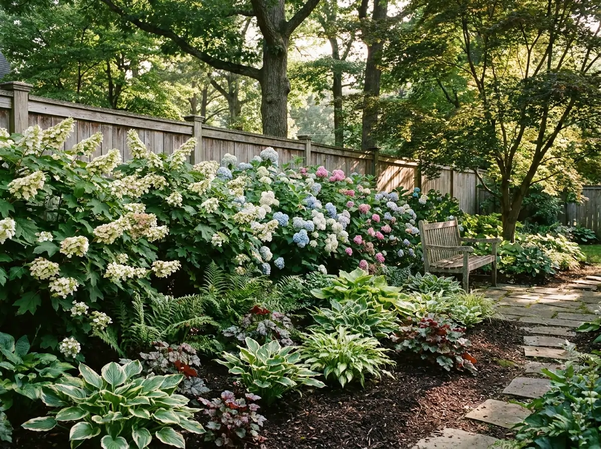 Lush garden border with blooming blue, pink, and white hydrangeas alongside hostas and ferns, providing inspiration on how to grow full hydrangea hedges in deep shade.