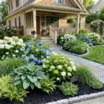 Hydrangea landscaping for small front yards with compact shrubs, curved beds, mulch, and curb appeal design
