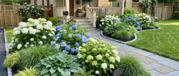 Hydrangea landscaping for small front yards with compact shrubs, curved beds, mulch, and curb appeal design