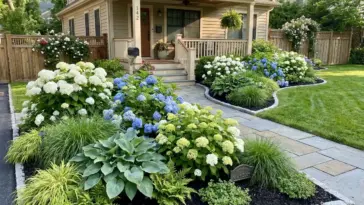 Hydrangea landscaping for small front yards with compact shrubs, curved beds, mulch, and curb appeal design