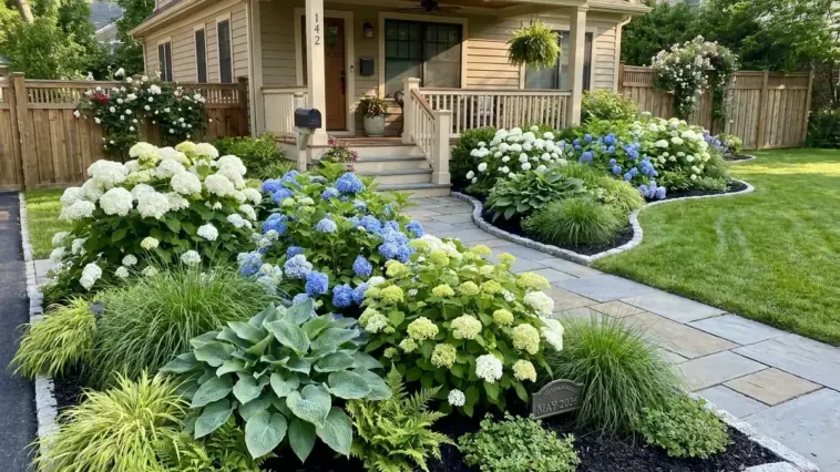 Hydrangea landscaping for small front yards with compact shrubs, curved beds, mulch, and curb appeal design