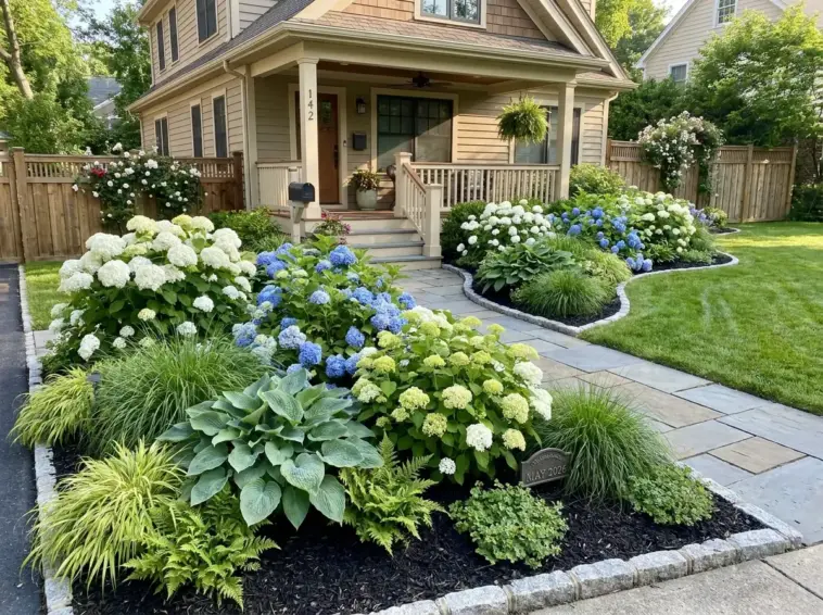 Hydrangea landscaping for small front yards with compact shrubs, curved beds, mulch, and curb appeal design