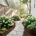 compact hydrangea landscaping in a narrow side yard under 5 feet with stone path and white blooms