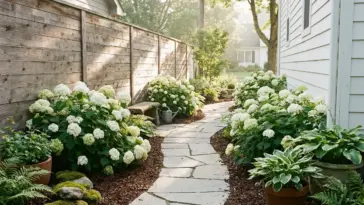 compact hydrangea landscaping in a narrow side yard under 5 feet with stone path and white blooms