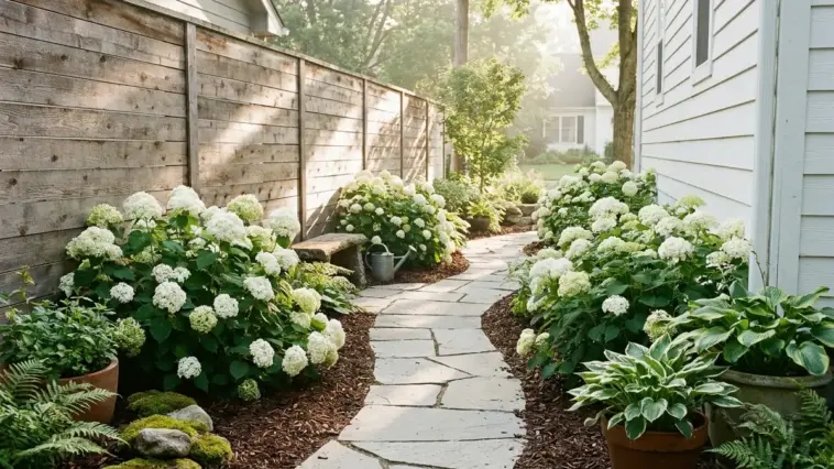 compact hydrangea landscaping in a narrow side yard under 5 feet with stone path and white blooms