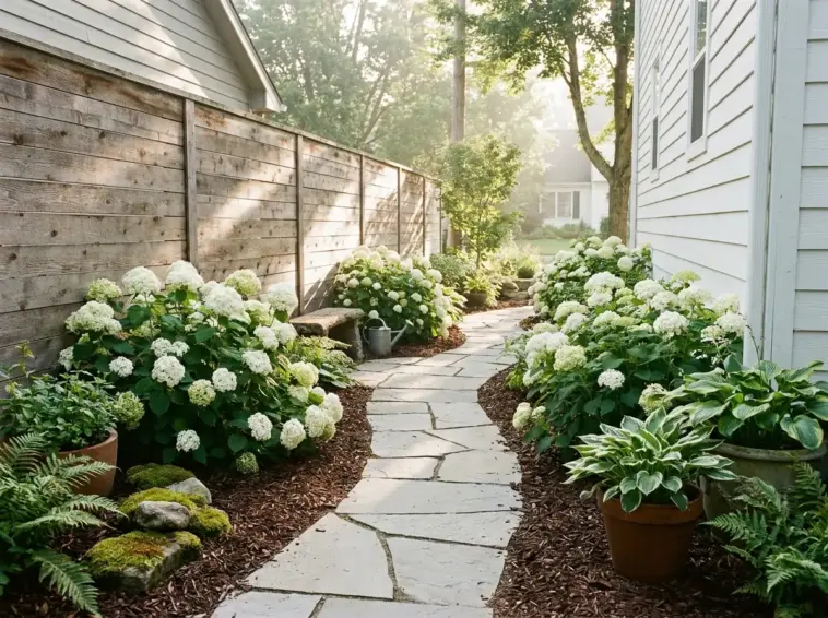 compact hydrangea landscaping in a narrow side yard under 5 feet with stone path and white blooms