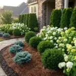 Layered hydrangeas with evergreens creating year-round garden structure in a designer landscape bed