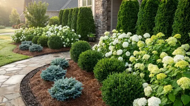 Layered hydrangeas with evergreens creating year-round garden structure in a designer landscape bed
