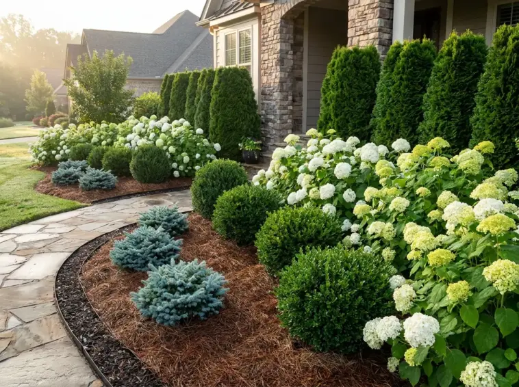 Layered hydrangeas with evergreens creating year-round garden structure in a designer landscape bed