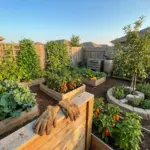 A productive mini farm in less than half an acre featuring raised garden beds, a fruiting apple tree, and vertical trellises in a small backyard.