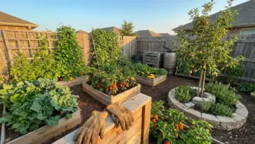 A productive mini farm in less than half an acre featuring raised garden beds, a fruiting apple tree, and vertical trellises in a small backyard.