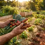 A successful harvest from a mini farm on poor or clay soil, featuring a gardener holding fresh carrots and tomatoes next to raised garden beds.