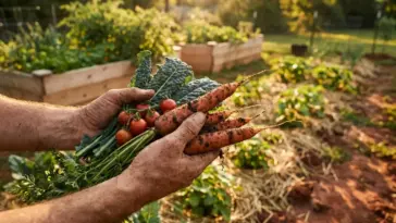 A successful harvest from a mini farm on poor or clay soil, featuring a gardener holding fresh carrots and tomatoes next to raised garden beds.