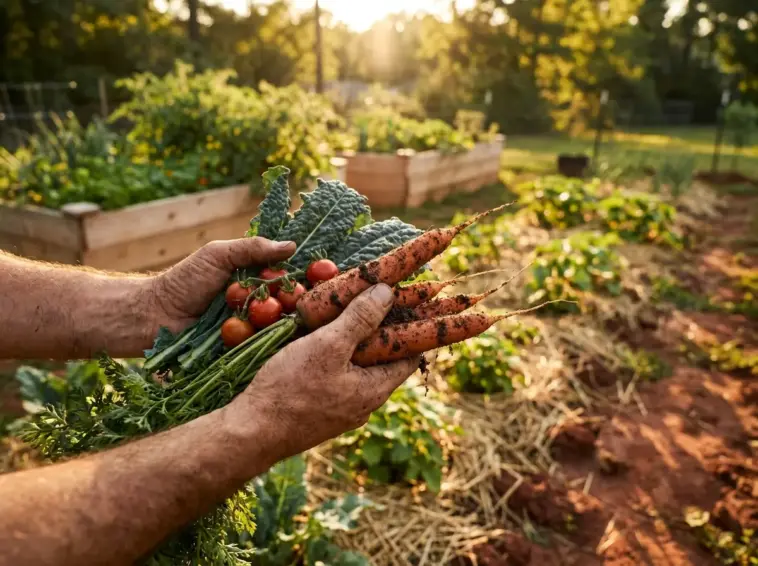 A successful harvest from a mini farm on poor or clay soil, featuring a gardener holding fresh carrots and tomatoes next to raised garden beds.
