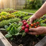 A gardener harvesting radishes and cherry tomatoes from a raised bed in a mini farm with fast-growing veggies like spinach and lettuce.