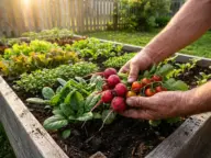 A gardener harvesting radishes and cherry tomatoes from a raised bed in a mini farm with fast-growing veggies like spinach and lettuce.