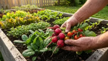 A gardener harvesting radishes and cherry tomatoes from a raised bed in a mini farm with fast-growing veggies like spinach and lettuce.