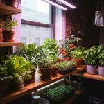 An indoor mini farm with limited sunlight utilizing LED grow lights to produce lettuce, tomatoes, and herbs on apartment shelving.