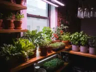 An indoor mini farm with limited sunlight utilizing LED grow lights to produce lettuce, tomatoes, and herbs on apartment shelving.