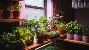 An indoor mini farm with limited sunlight utilizing LED grow lights to produce lettuce, tomatoes, and herbs on apartment shelving.