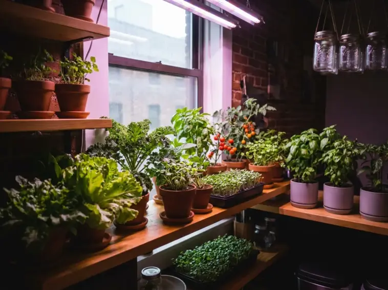 An indoor mini farm with limited sunlight utilizing LED grow lights to produce lettuce, tomatoes, and herbs on apartment shelving.